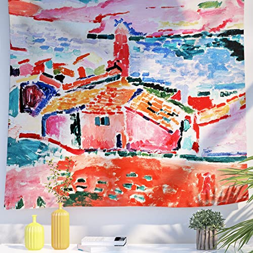 Berkin Arts Decor Wandteppich zum Aufhängen, Hintergrund aus hochwertigem Polyesterstoff Post-Impressionismus Rosa bunt 130 x 150 CM (Henri Matisse-Blick auf Collioure) von Berkin Arts