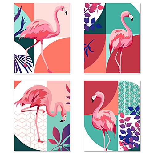Kunstdruck Ungerahmt Bilder Set von 4, Poster Größe: 20x25 cm Premium Flamingo Kunstpapier Wanddeko Passenden Schlafzimmer Deko Pink Rosa Kinderzimmer Tiere Blumen Aquarell für Mädchen Painting von Berkin Arts