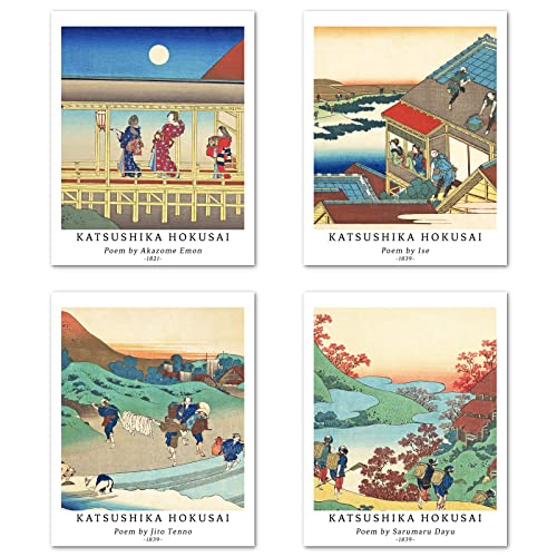 Kunstdruck Ungerahmt Japanese Ukiyo-e Bilder Set von 4, Poster Größe: 28x35 cm Premium Kunstpapier Wanddeko Vintage Geschenk Bunt Landschaft Passenden Wohnzimmer Deko Katsushika Hokusai Poster von Berkin Arts