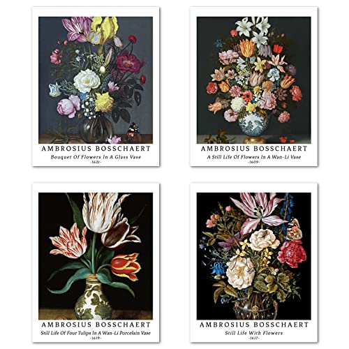 Kunstdruck Ungerahmt Klassische Blume Bilder Set von 4, Poster Größe: 20x25 cm Premium Kunstpapier Wanddeko Unframed Bild Vintage Blatt Geschenk Passenden Wohnzimmer Deko Ambrosius Bosschaert Poster von Berkin Arts