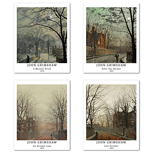 Kunstdruck Ungerahmt Klassische Landschaft Bilder Set von 4, Poster Größe: 20x25 cm Premium Kunstpapier Wanddeko Vintage Beige Künstlerisch Abbildung ländliche Passenden BüroDeko John Grimshaw Print von Berkin Arts