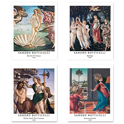 Kunstdruck Ungerahmt Klassische Mythologie Historisch Bilder Set von 4, Poster Größe: 28x35 cm Premium Kunstpapier Wanddeko Schönes mehrfarbiges Passenden Jugendzimmer Deko Sandro Botticelli Poster von Berkin Arts