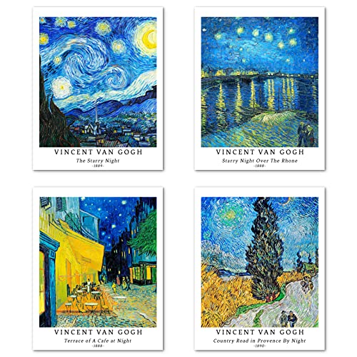Berkin Arts Kunstdruck Ungerahmt Landschaft Bilder Set von 4, Poster Größe: 28x35 cm Premium Kunstpapier Wanddeko Blue Starry Night Aesthetic Passenden Kinderzimmer Deko Vincent Van Gogh Prints von Berkin Arts