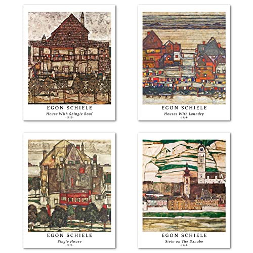 Kunstdruck Ungerahmt Landschaft Bilder Set von 4, Poster Größe: 28x35 cm Premium Kunstpapier Wanddeko Vintage Beige Künstlerisch Abbildung Passenden Home Deko Egon Schiele Paintings von Berkin Arts