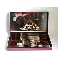 Vintage Besteck Rosenholz Und Bronze Luxuriöses Geschirr 24 Stück Set Box von Berlinattic