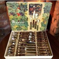 Vintage Wmf Besteck-Set Burgund Rustikale Holzgriffe Mittelalter Burg Festlichkeiten, 24-Teilig Für 6 Personen von Berlinattic