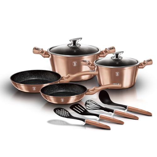 Berlinger Haus Rose Gold Kochtopf Set Induktion 10-Teiliges, Antihaft PFOA-frei Marmor, Aluminium, Set 2 Töpfe, 2 Glasdeckel, 2 Bratpfannen, 4 Küchenutensilien, Design Metallic Line, Glaskeramik, Gas von Berlinger Haus