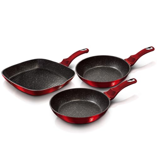 Berlinger Haus Burgundy Set 2 Bratpfannen 1 Grillpfanne Induktion 20-24-28cm, Aluminium, Antihaftbeschichtung Ökologisch Marmor ohne PFOA, Metallic Line Rot Design, Geeignet für Alle Herdarten von Berlinger Haus