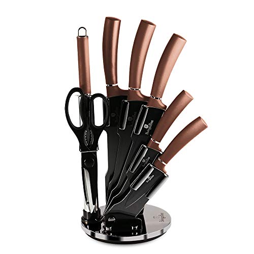 BerlingerHaus Rose Gold Professionelles Küchenmesser-Set 8-Teilig, Edelstahl, Antihaftbeschichtung, Acrylhalter, Kochmesser, Zwiebelmesser, Santoku-Messer, Wetzstahl, Schere, Metallic-Design von Berlinger Haus