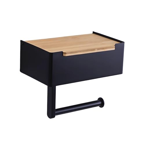BERLINLODGE Toilettenpapierhalter mit eingebauter Box, 6,5x20x12cm, Schwarz/Bambus, Klopapierhalter mit Ablage Klorollenhalter WC Papier Halterung ohne Bohren, Selbstklebend oder zum Schrauben von Berlinlodge