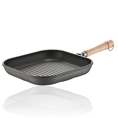 Berndes Classics Grillpfanne Bonanza 24 cm, eckige Pfanne mit 3-lagiger Antihaftversieglung und Holzstiel, robuster Aluguss, antihaft beschichtet, grau von Berndes