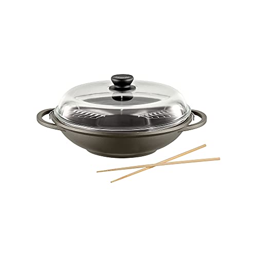 Berndes Classics Wok Bonanza 32 cm, Wokpfanne mit Glasdeckel und Stäbchen, 3-lagiger Antihaftversiegelung und Holzgriff, robuster Aluguss, antihaft beschichtet, grau von Berndes