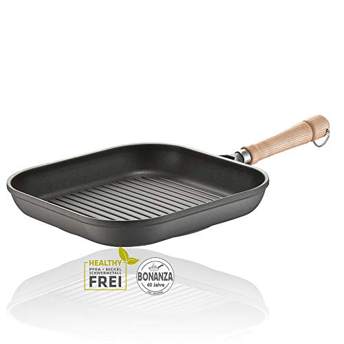 Berndes Grillpfanne Bonanza Induktion 28 cm, eckige Pfanne mit 3-lagiger Antihaftversiegelung und Holzstiel, allherdtauglich robuster Aluguss, antihaft beschichtet von Berndes