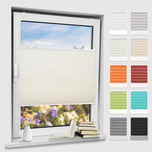 Bernice Plissee klemmfix ohne Bohren, Beige 105x130cm(BxH) Easyfix Faltrollo mit Klemmträger, Crushed Optik Fensterrollo, Blendschutz Plisseerollo für Fenster & Tür von Bernice