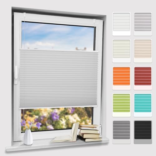 Plisseerollo klemmfix ohne Bohren, Hellgrau 40x200cm(BxH) Springrollo mit Klemmträger, Blendschutz Klemmrollos für Fenster & Balkontür von Bernice
