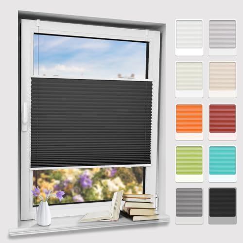 Plisseerollo klemmfix ohne Bohren, Schwarz 40x130cm(BxH) Springrollo mit Klemmträger, Blendschutz Klemmrollos für Fenster & Balkontür von Bernice