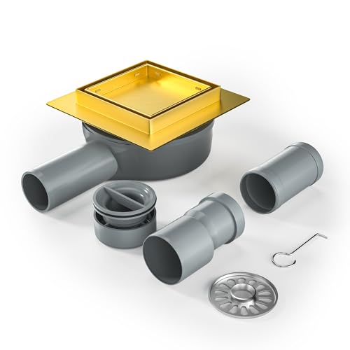 Bernkot Duschrinne Quadrat 10 * 10cm, 360° Siphon mit Geruchsstop und Haarsieb 2 in1 Befliesbar Edelstahl Ablaufrinne Bodenablauf Duschablauf sehr flach DN50 DN40，Gold von Bernkot
