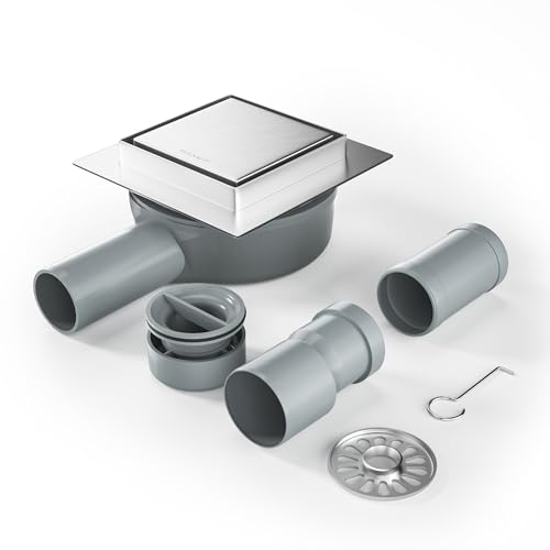 Bernkot Duschrinne Quadrat 10 * 10cm, 360° Siphon mit Geruchsstop und Haarsieb 2 in1 Befliesbar Edelstahl Ablaufrinne Bodenablauf Duschablauf sehr flach DN50 DN40 von Bernkot