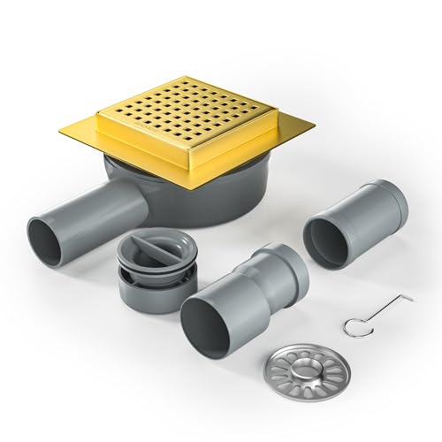 Bernkot Duschrinne Quadrat 10 * 10cm, 360° Siphon mit Geruchsstop und Haarsieb Edelstahl Ablaufrinne Bodenablauf Duschablauf sehr flach DN50 DN40，Gold von Bernkot