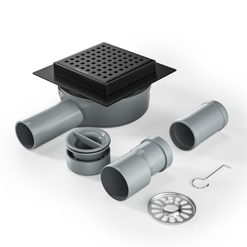 Bernkot Duschrinne Quadrat 10 * 10cm, 360° Siphon mit Geruchsstop und Haarsieb Edelstahl Ablaufrinne Bodenablauf Duschablauf sehr flach DN50 DN40，Schwarz von Bernkot