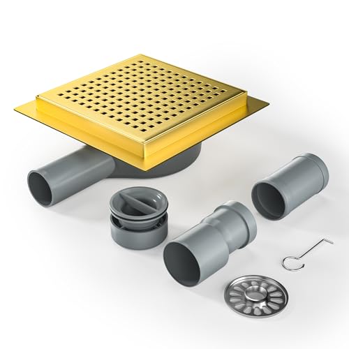 Bernkot Duschrinne Quadrat 15 * 15cm, 360° Siphon mit Geruchsstop und Haarsieb Edelstahl Ablaufrinne Bodenablauf Duschablauf sehr flach DN50 DN40，Gold von Bernkot