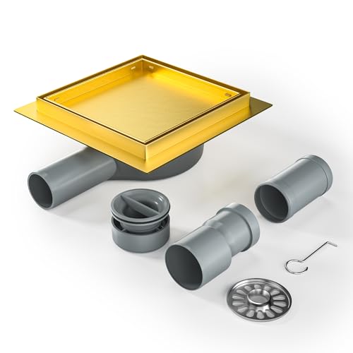 Bernkot Duschrinne Quadrat 15 * 15cm, 360° Siphon mit Geruchsstop und Haarsieb 2 in1 Befliesbar Edelstahl Ablaufrinne Bodenablauf Duschablauf sehr flach DN50 DN40，Gold von Bernkot