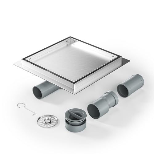 Bernkot Duschrinne Quadrat 20 * 20cm, 360° Siphon mit Geruchsstop und Haarsieb 2 in1 Befliesbar Edelstahl Ablaufrinne Bodenablauf Duschablauf sehr flach DN50 DN40 von Bernkot