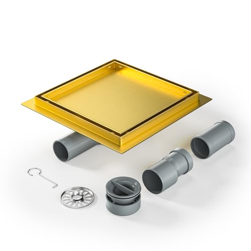 Bernkot Duschrinne Quadrat 20 * 20cm, 360° Siphon mit Geruchsstop und Haarsieb 2 in1 Befliesbar Edelstahl Ablaufrinne Bodenablauf Duschablauf sehr flach DN50 DN40，Gold von Bernkot