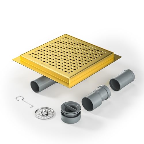 Bernkot Duschrinne Quadrat 20 * 20cm, 360° Siphon mit Geruchsstop und Haarsieb Edelstahl Ablaufrinne Bodenablauf Duschablauf sehr flach DN50 DN40，Gold, 20CM-GOLD von Bernkot