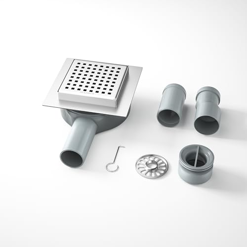 Bernkot Duschrinne Quadrat Edelstahl, 10×10cm Bodenablauf Dusche mit 360° Siphon Geruchsstop und Haarfilter,2 Ablaufadapter DN50 DN40 Duschablauf Flach Ablaufrinne, Silber von Bernkot