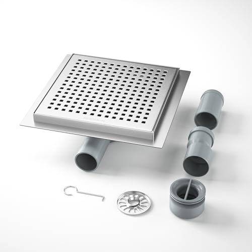 Bernkot Duschrinne Quadrat Edelstahl, 20×20cm Bodenablauf Dusche mit 360° Siphon Geruchsstop und Haarfilter,2 Ablaufadapter DN50 DN40 Duschablauf Flach Ablaufrinne, Silber von Bernkot