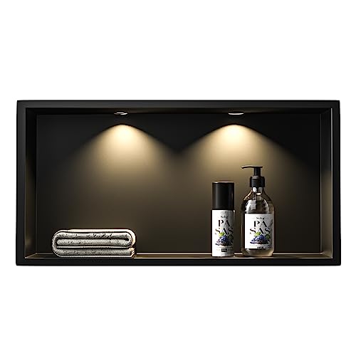 Bernkot Wandnische Dusche Edelstahl mit LED Downlight, 60 cm x 30 cm, Wasserdicht - Keine Fliesen Erforderlich, Badezimmer Lagerung, Nische, Matt Schwarz von Bernkot