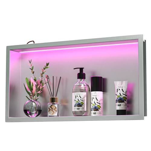 Bernkot Wandnische Dusche Edelstahl mit RGB LED, Wandnische Bad Nische Duschnische Befliesbar mit Fernsteuerung 60cm×30cm, Silber Bernkot Wandnische Dusche Edelstahl mit RGB LED, Wandnische Bad Nische Duschnische Befliesbar mit Fernsteuerung 60cm×30cm, Silber von Bernkot