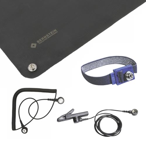 BERNSTEIN ESD Personenerdung Set 5-tlg | Erdungsmatte, Faltbare Matte, Lötmatte, Antistatik Matte | Mit Handgelenkband & Spiralkabel, Erdungsleitung, Krokodilklemme von Bernstein Tools for Electronics