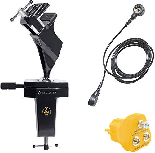 BERNSTEIN ESD Set Kugelgelenk-Schraubstock Drehbar 360° | Neigungswinkel +/- 45° | Zum Anklemmen | Ableitfähig + Stecker + Erdungsleitung | Spannweite 70 mm | Tischschraubstock von Bernstein Tools for Electronics
