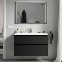 Badmöbel Unterschrank Bernstein lavoa 80cm mit Mineralgussbecken cream Badmöbel: Schwarz matt, Metallgriff: Anthrazit matt, Waschbecken: Weiß matt von Bernstein