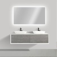 Badmöbel Fiona 1600 Weiß matt - Front in Beton-Optik - Spiegel und Aufsatzwaschbecken optional Mit LED-Spiegel 2073, ohne zusätzl. Blende, Ohne von Bernstein