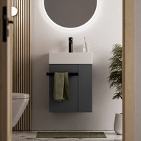Waschtischunterschrank Gäste-WC Bernstein compact 450 mit Waschbecken 45 cm Regal rechts Badmöbel: Anthrazit matt, Metallgriff: Schwarz matt Waschtischunterschrank Gäste-WC Bernstein compact 450 mit Waschbecken 45 cm Regal rechts Badmöbel: Anthrazit matt, Metallgriff: Schwarz matt von Bernstein