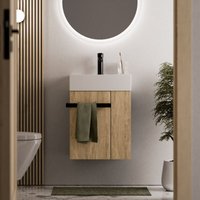 Waschtischunterschrank Gäste-WC Bernstein compact 450 mit Waschbecken 45 cm Regal rechts Badmöbel: Eiche Honiggold, Metallgriff: Schwarz matt von Bernstein