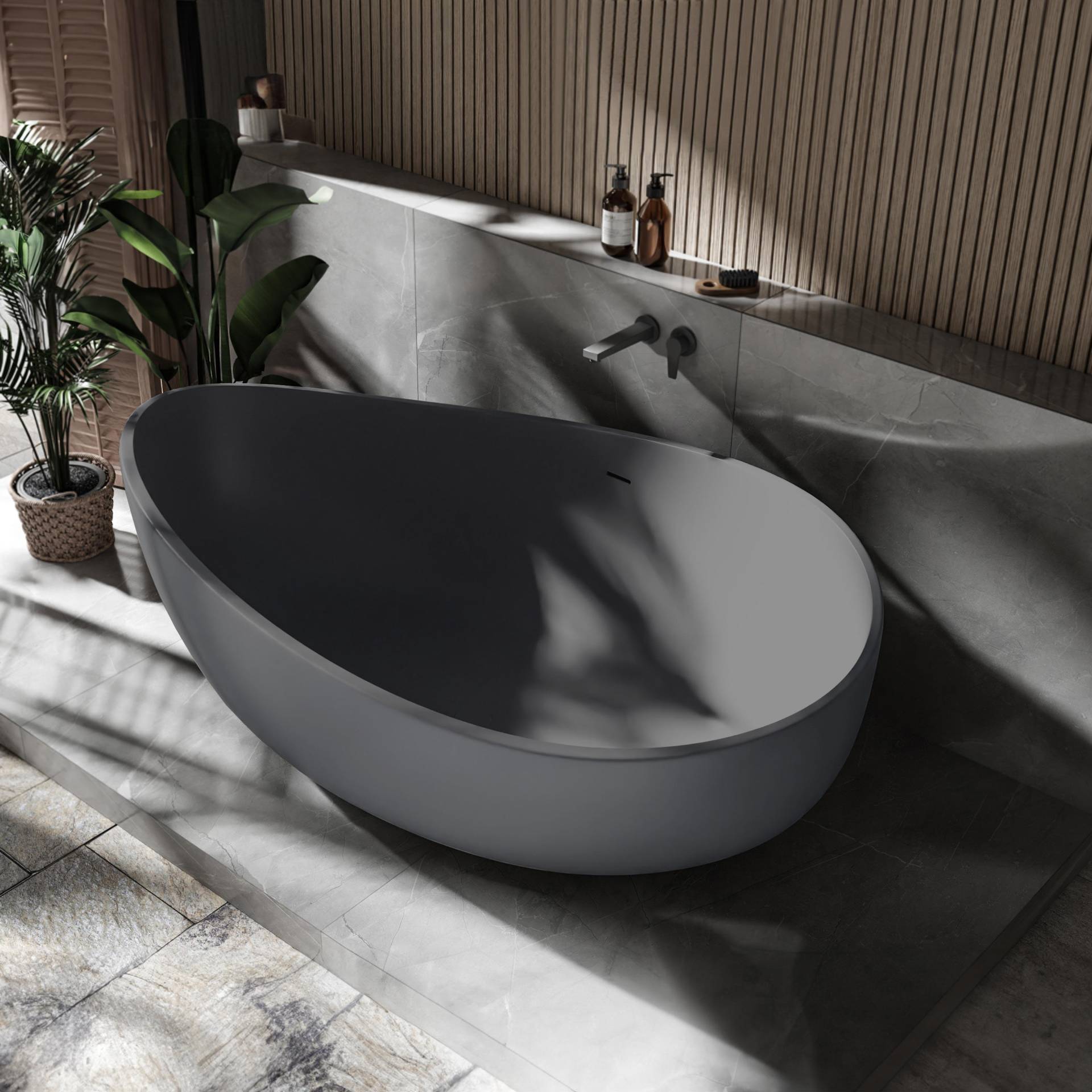 Freistehende Badewanne WAVE STONE Mineralguss Grau matt - 180 x 110 cm von Bernstein