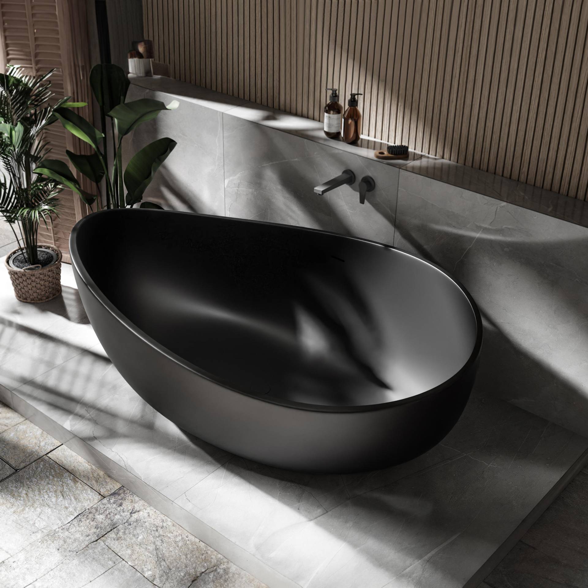 Freistehende Badewanne WAVE STONE aus Mineralguss - 180 x 110 cm – Schwarz matt von Bernstein