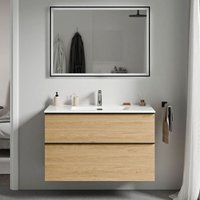 Waschtischunterschrank Bernstein lavoa 100 cm mit Waschbecken - Badmöbelfarbe Eiche Honiggold, Waschbecken Weiß glänzend, Griff Anthrazit matt von Bernstein