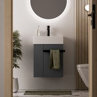 Waschtischunterschrank Gäste-WC Bernstein compact 450 mit Waschbecken 45 cm Regal links Badmöbel: Anthrazit matt, Metallgriff: Schwarz matt Waschtischunterschrank Gäste-WC Bernstein compact 450 mit Waschbecken 45 cm Regal links Badmöbel: Anthrazit matt, Metallgriff: Schwarz matt von Bernstein