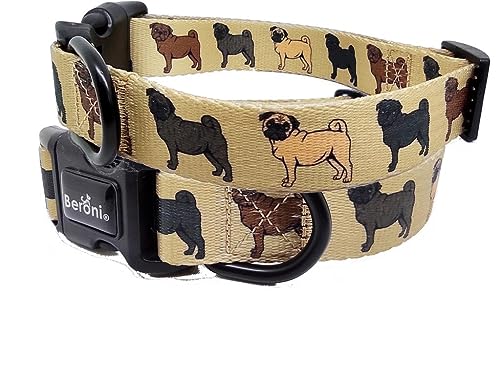 Mops Halsband Hundehalsband für Mops beige mit Mops Motiven Pug Halsband verstellbar exklusiv mit klick weich Platinum 32-50 cm x 2,5 cm breit von Beroni