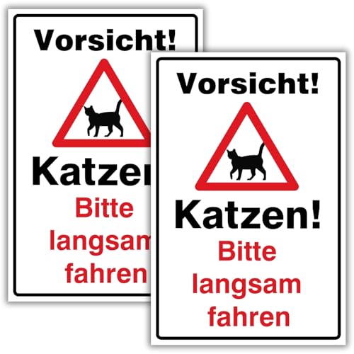 2 Stück (20 x 30 cm) - Vorsicht ! Katzen bitte langsam fahren Schild - stabil aus PVC Hartschaum Platte - 3 mm stark - mit UV-Schutz und witterungsbeständig - BerpaHome von BerpaHome