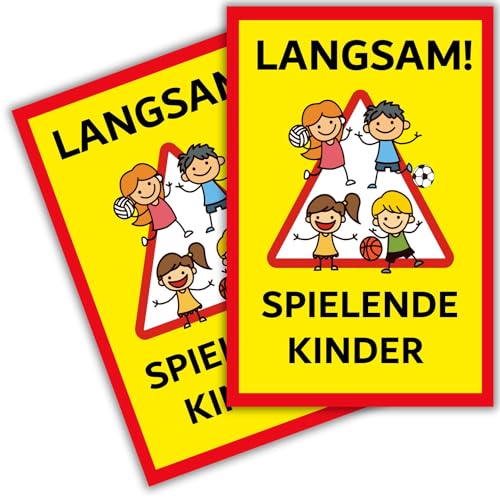 2 Stück - Achtung Kinder Schild (20x30 cm Kunststoff) - Warnschild spielende Kinder - Vorsicht Hier Spielen Kinder - Bitte langsam Fahren von BerpaHome