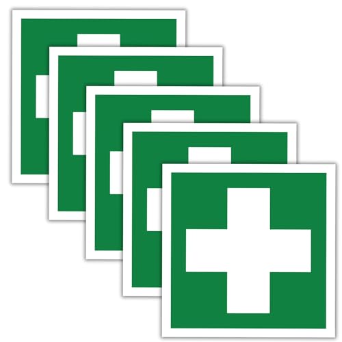 5 Stück - Schild Erste Hilfe Kunststoff 15 x 15 cm - 3 mm stark Hinweisschild - Rettungszeichen - Notfall - Verbandskasten Schild - mit UV-Schutz und witterungsbeständig von BerpaHome