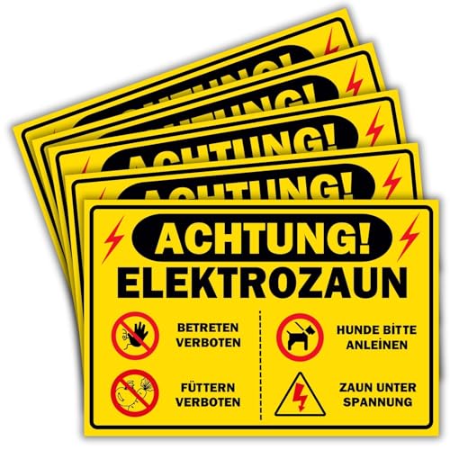 5 Stück-Vorsicht Elektrozaun Schild (20 x 14cm -3 mm Kunststoff) - Achtung Strom und Füttern verboten für jeden Weidezaun - kein Betreten für Stromzaun - mit UV-Schutz und witterungsbeständig von BerpaHome
