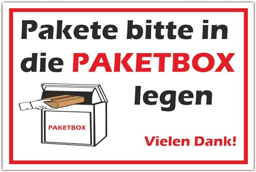 Schild Paketbox 20cm x 30cm x 3mm hergestellt aus robustem PVC stoß und kratzfest Hinweisschild "Pakete bitte in die Paketbox legen!" mit UV-Schutz von BerpaHome