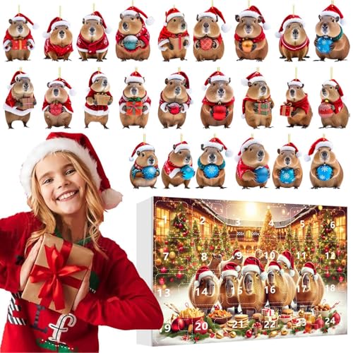 Berriphonia Adventskalender Capybara Weihnachten | Adventskalender 24 Tage für Weihnachtsbaum Party Dekorationen | 2D-Ornamente aus Acryl flach für Baum Fenster Spiegel Auto Tür Wand | von Berriphonia